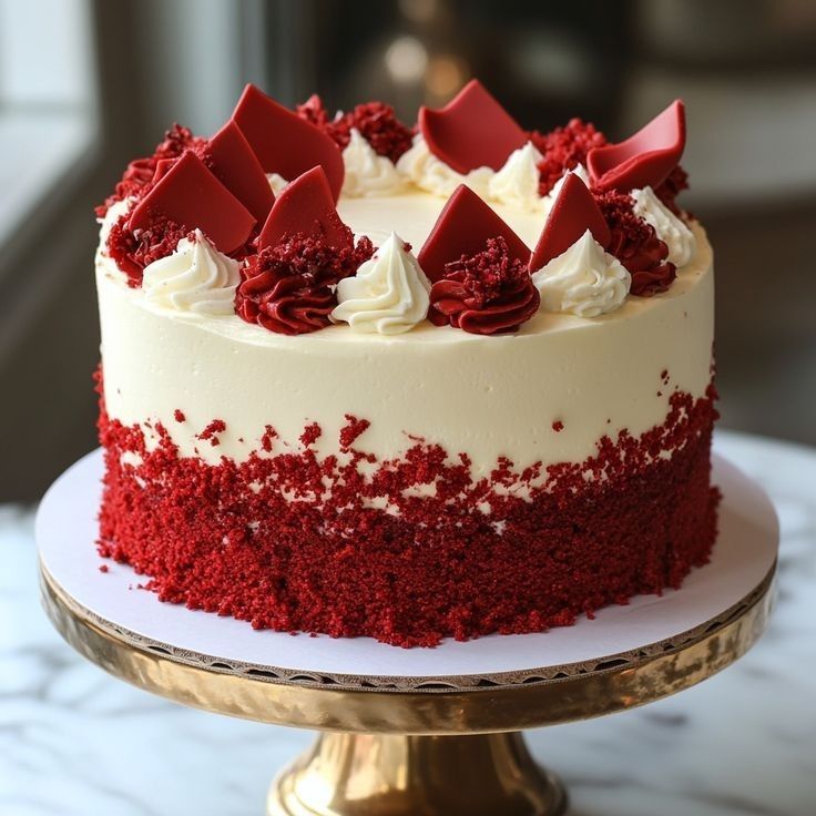Elegant red velvet anniversary cake with gold accents